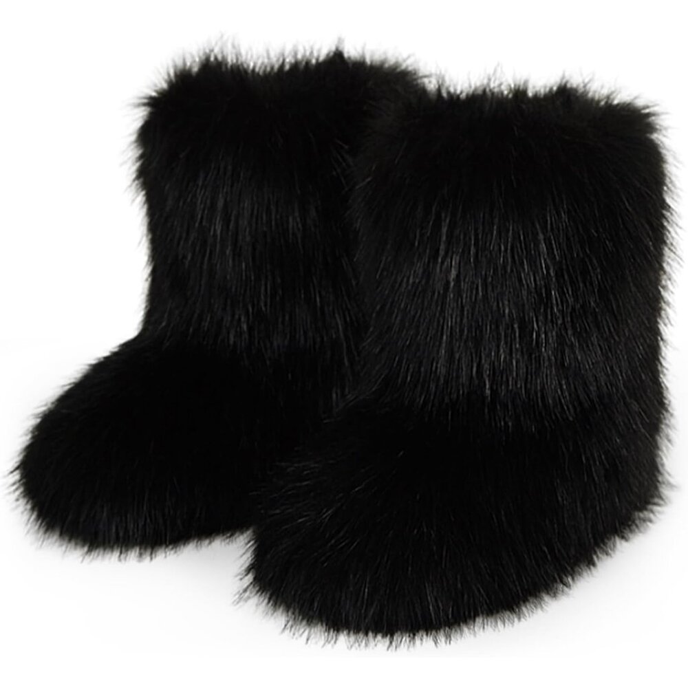 ⚡Women's Black Faux Fur Warm Boot Furry Short Snow Boot Mid Calf Boots